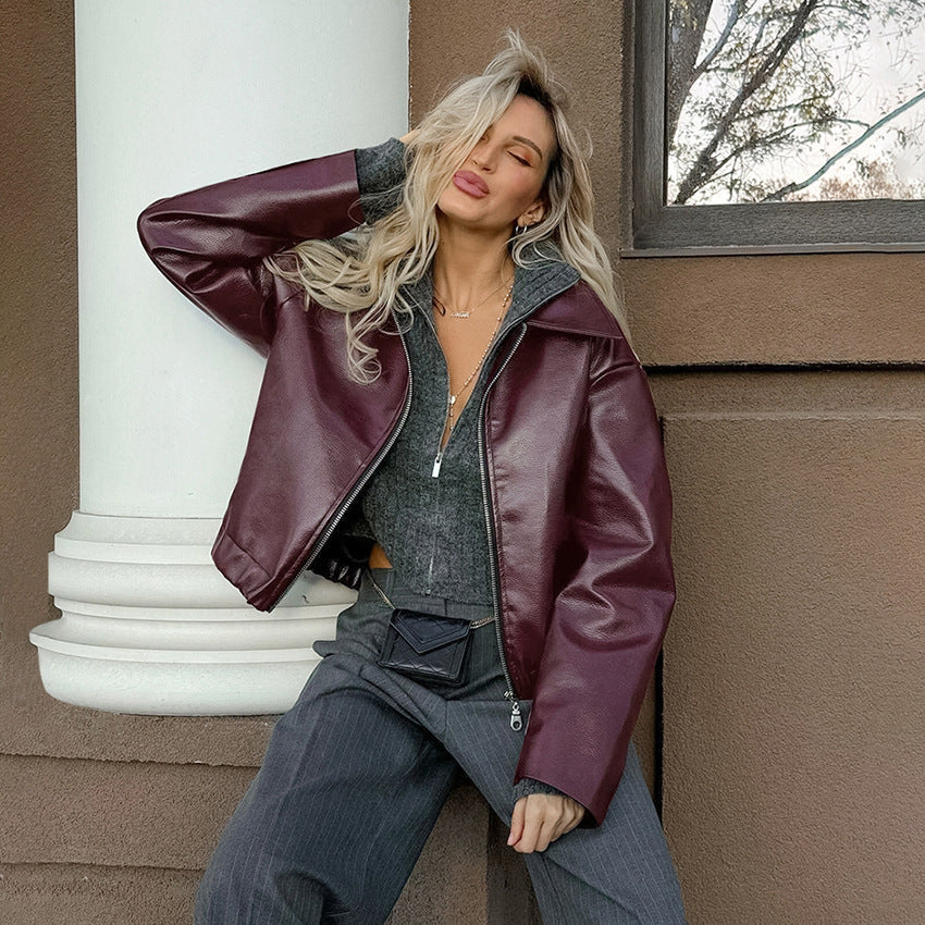 Damen Kunstlederjacke mit weitem Schnitt und feinem Kragen R&B