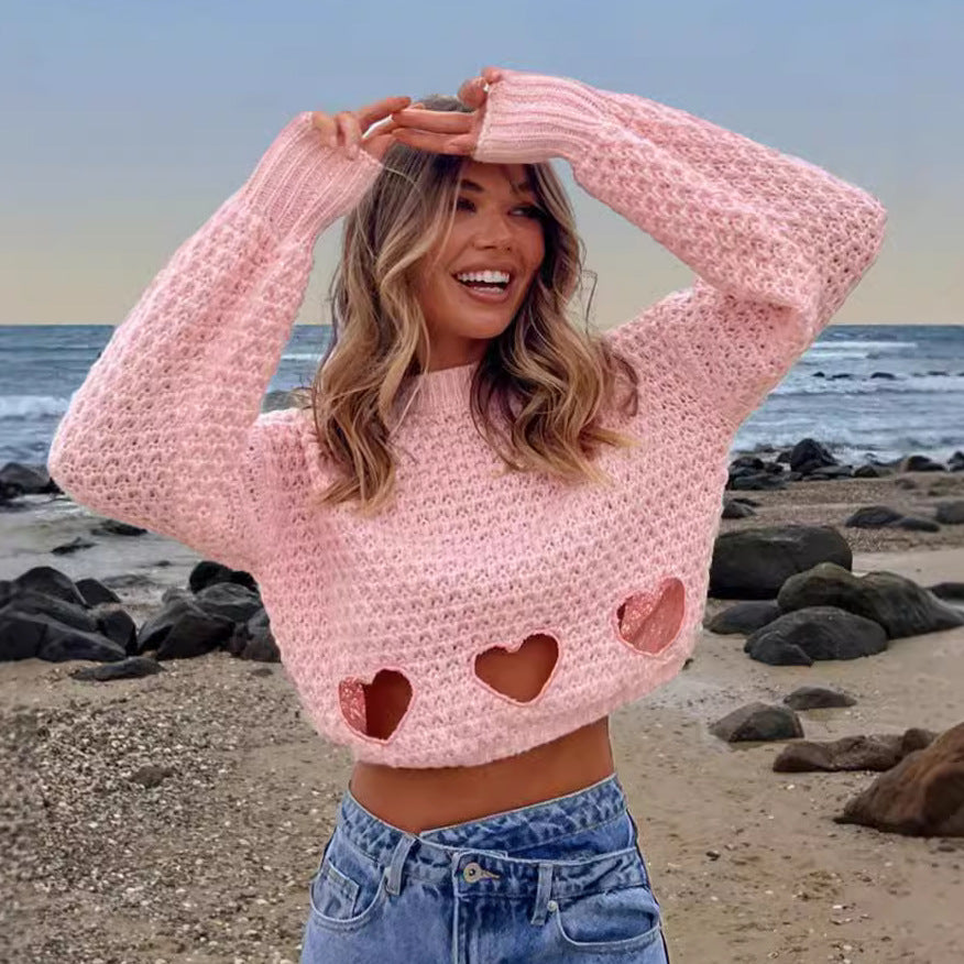 Damen Grob gestrickter Pullover mit Herzverzierungen und lockerem Schnitt R&B