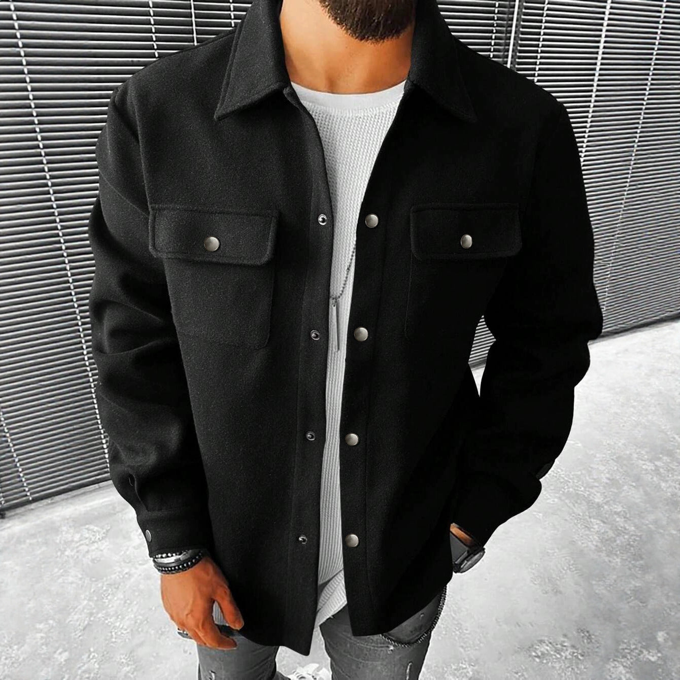 Herren nan Hemdenjacke aus Wollmix mit Druckknöpfen und Pattentaschen R&B