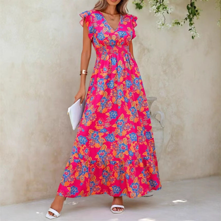 Damen Sommerliches Blumenmaxikleid mit Volantärmeln und elastischem Taillenbund R&B