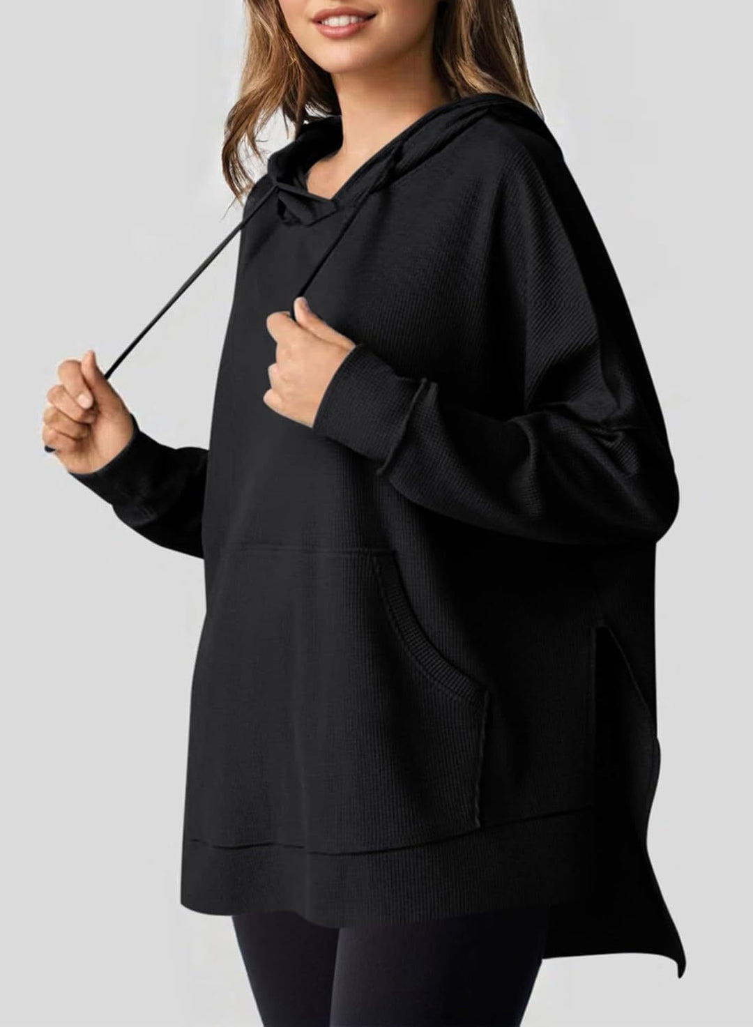 Damen lässiger Kapuzenpulli mit seitlichen Schlitzen und Kängurutasche R&B
