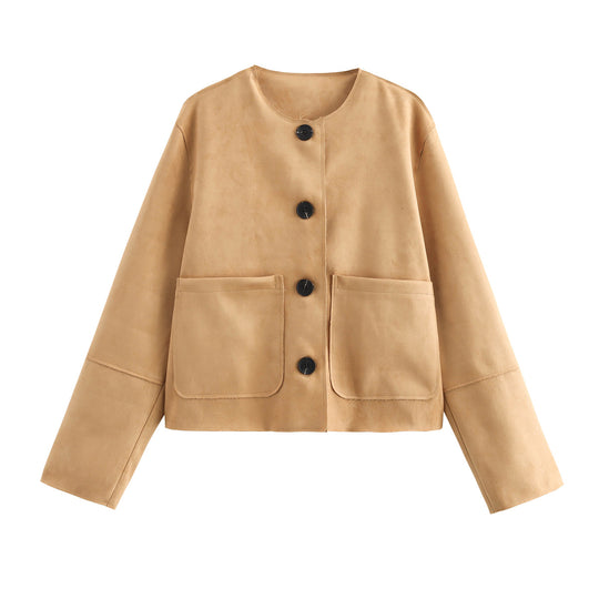Damen Modische Kurzarmpulloverjacke mit praktischen Taschen und eleganten Knöpfen R&B