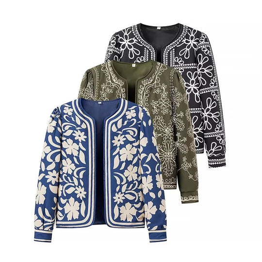 Damen gestickte Blumenjacke mit Volumenärmeln R&B