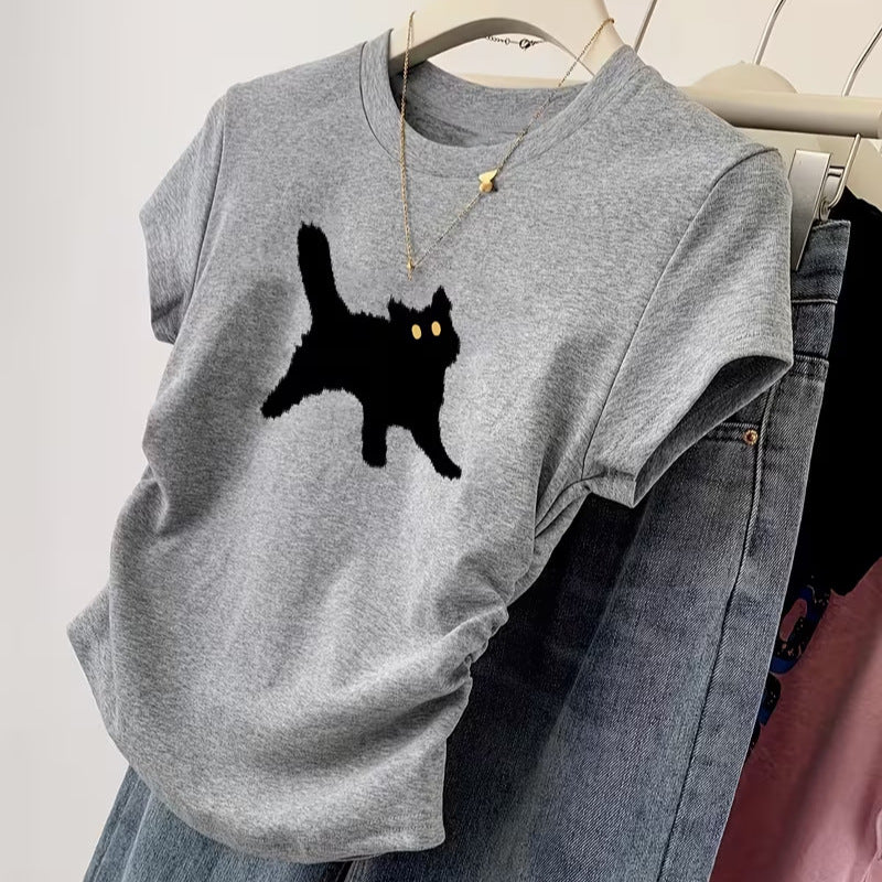 Damen T-Shirt mit kreativem Katzenmotiv und lässigem Schnitt R&B
