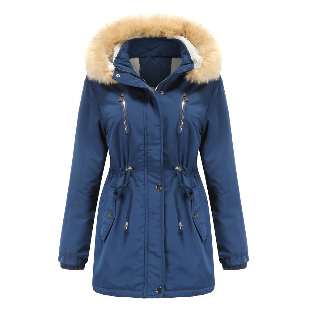 Damen modische Outdoor-Jacke mit abnehmbarem Kunstfellkragen und elastischem Taillenzug R&B