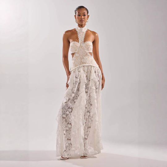 Damen elegante Spitzentraumkleid mit hochgeschlossenem Kragen und fließendem Rock R&B