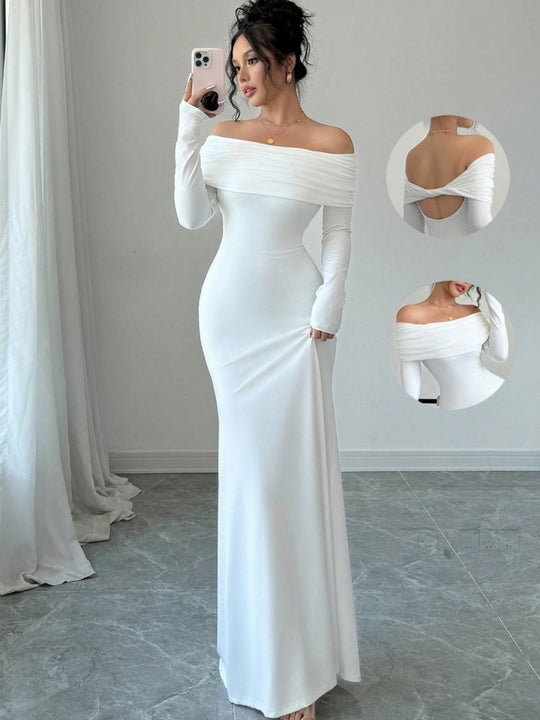 Damen Elegantes und figurbetontes Off-Shoulder Maxikleid mit langen Ärmeln R&B