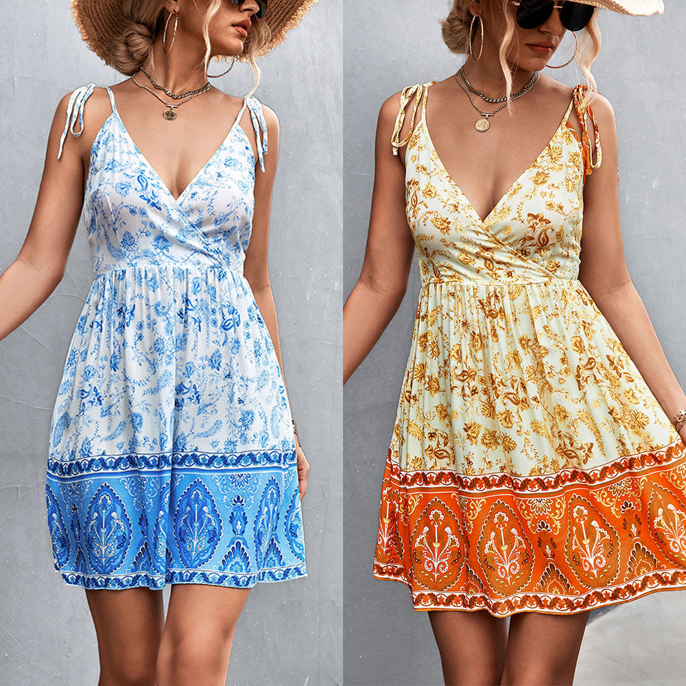 Damen Wickelkleid mit floralem Design, Spaghetti-Trägern und luftigem Schnitt R&B