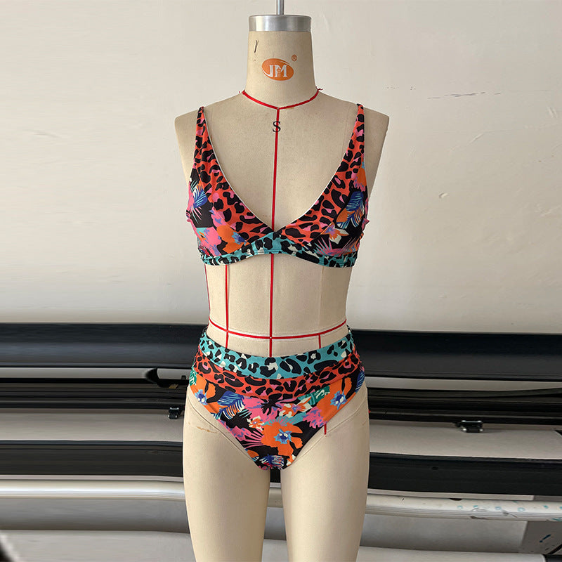 Damen Hochtailliertes Bikini-Set mit modischem Leoparden- und Blumenmuster R&B