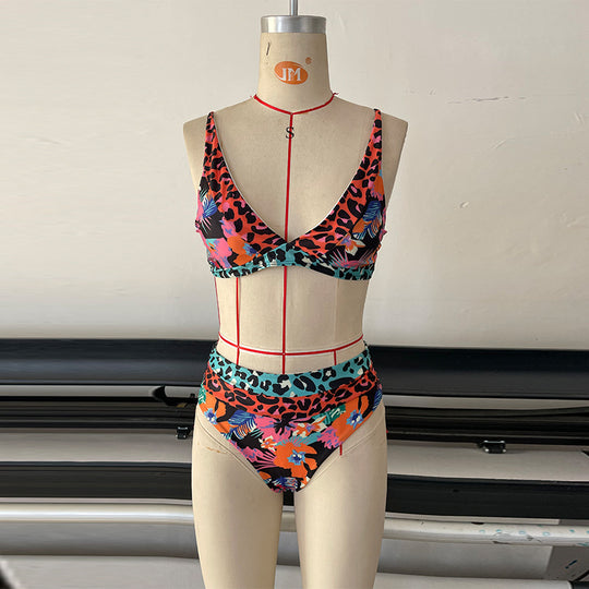 Damen Hochtailliertes Bikini-Set mit modischem Leoparden- und Blumenmuster R&B