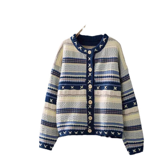 Damen Gemusterter Strickcardigan mit dekorativen Knöpfen und tiefen Taschen R&B