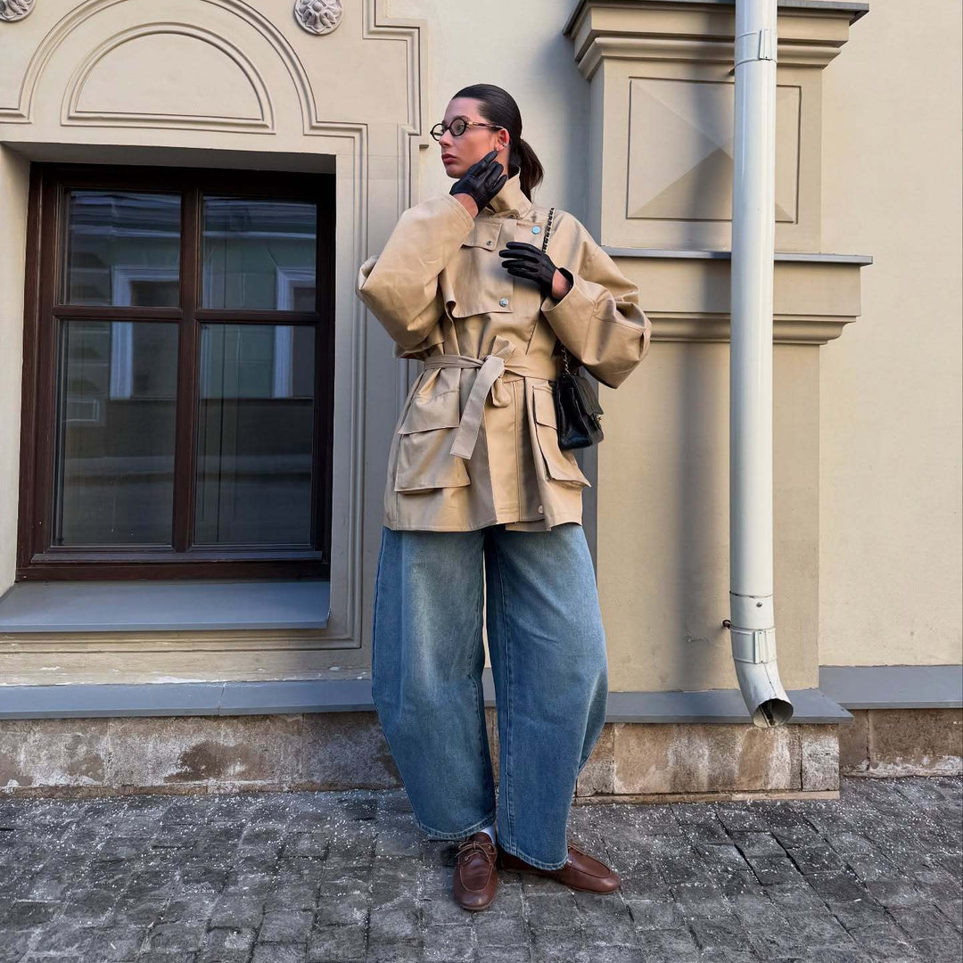 Damen Oversized Utility-Jacke mit Gürtel und großen Taschen R&B