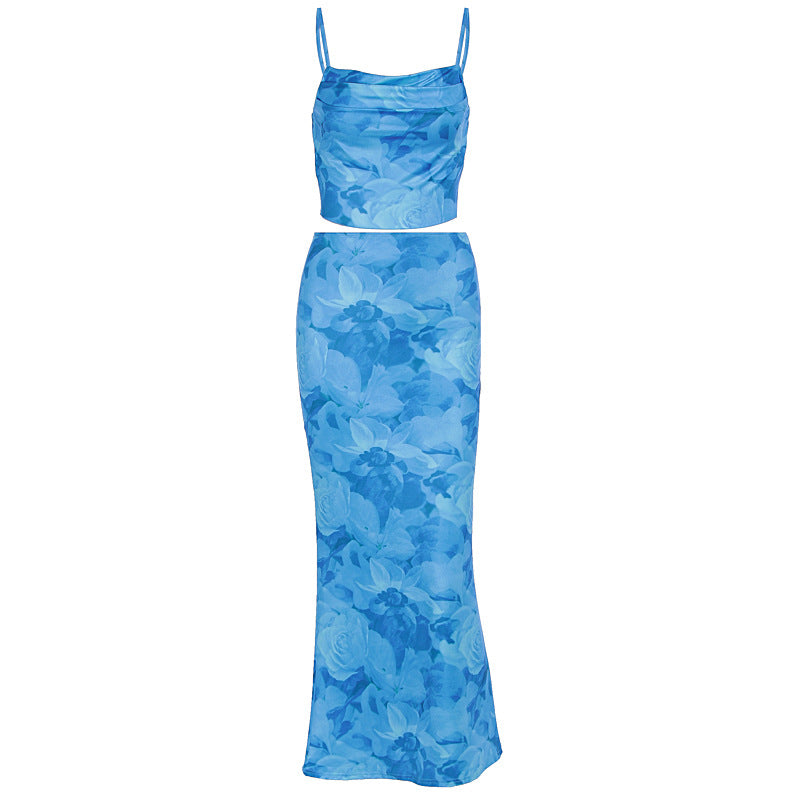 Damen elegante Kombination aus Crop-Top und Maxirock mit raffinierten Rüschen R&B