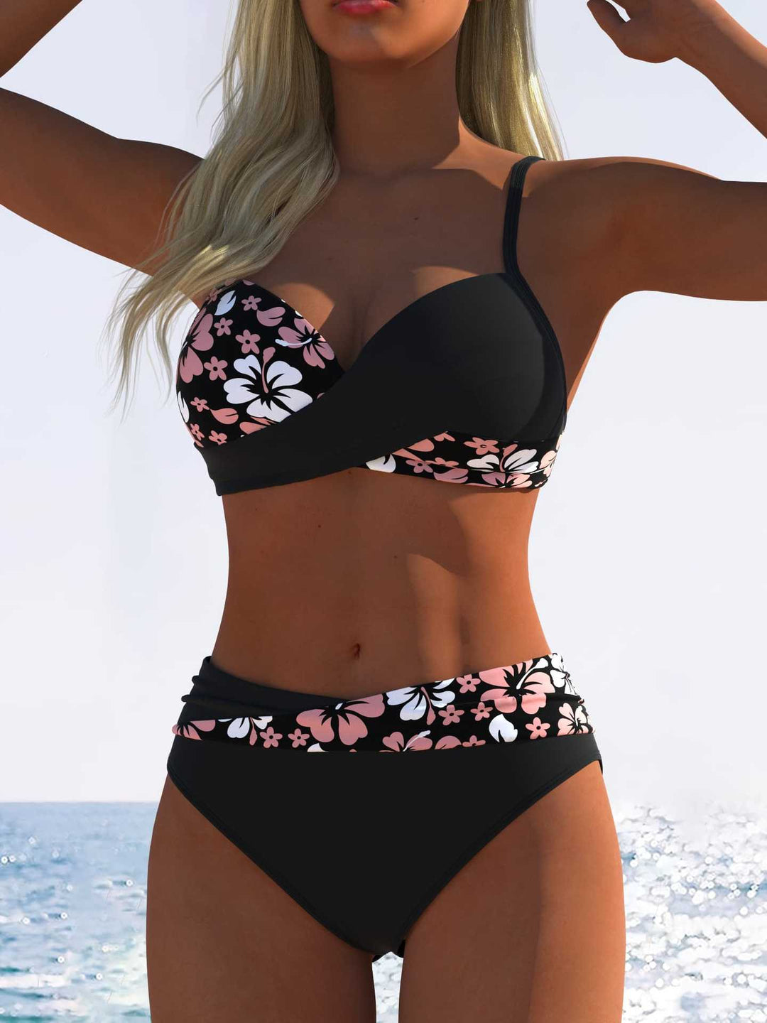 Damen Bikini-Set mit floralem Wickelmuster und bequemen High-Waist-Höschen R&B