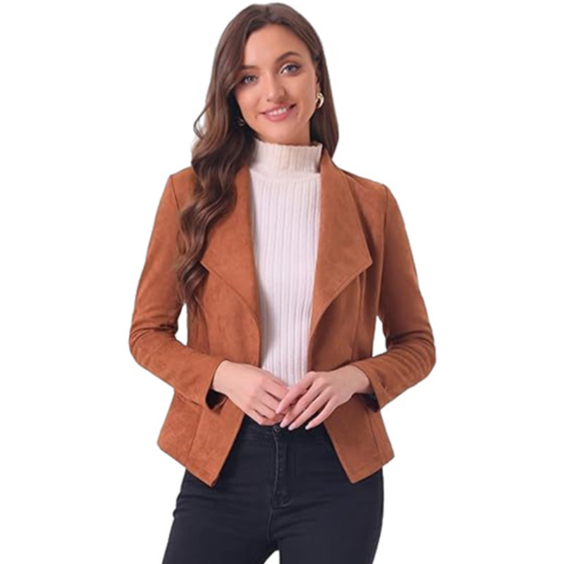 Damen modische Synthetiklederjacke mit offenem Schnitt und Taschen R&B