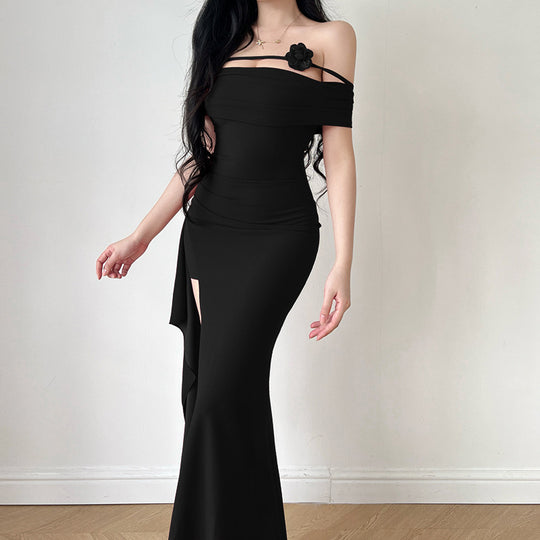 Damen elegantes Off-Shoulder-Maxikleid mit raffiniertem Schnitt und floralen Akzenten R&B