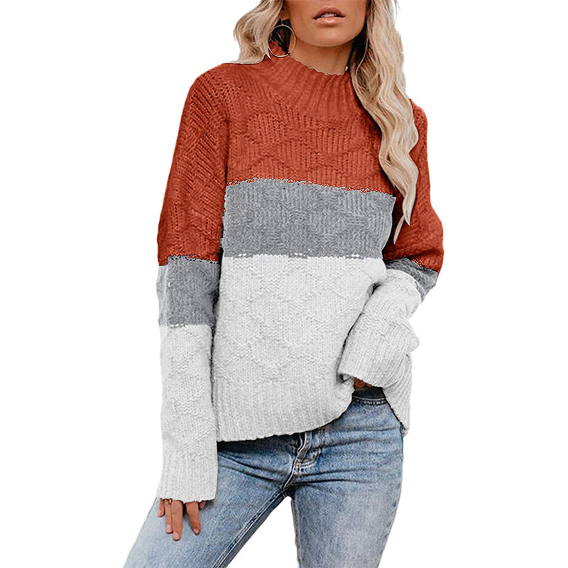 Damen farbenfroher Strickpullover mit strukturiertem Muster und hohem Kragen R&B