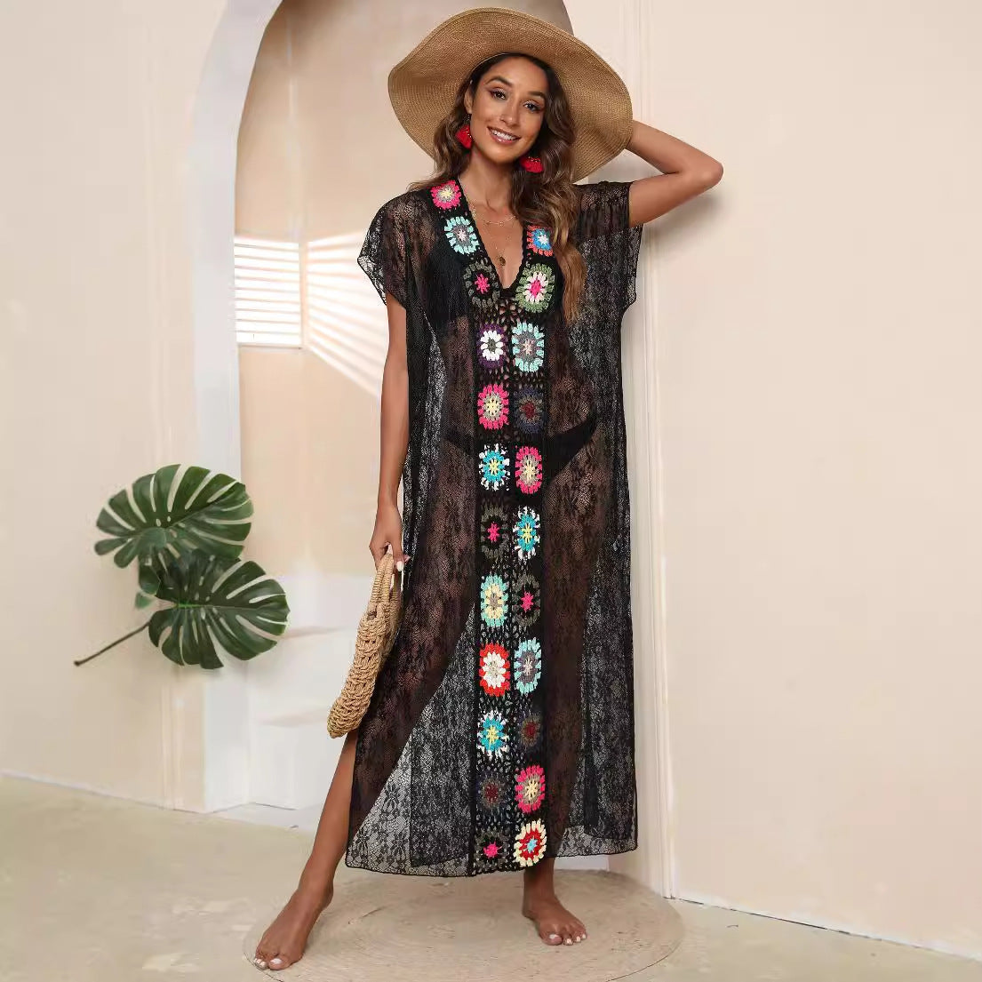 Damen Häkel-Kaftan mit fröhlichen Blumenmotiven R&B