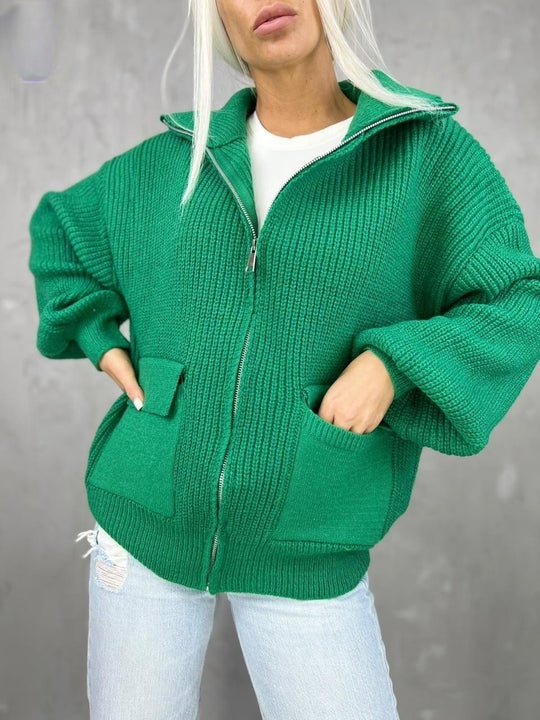 Damen Übergangsstrickjacke mit breitem Reißverschluss und praktischen Taschen R&B