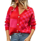 Damen modischer V-Ausschnitt Cardigan mit Karomuster