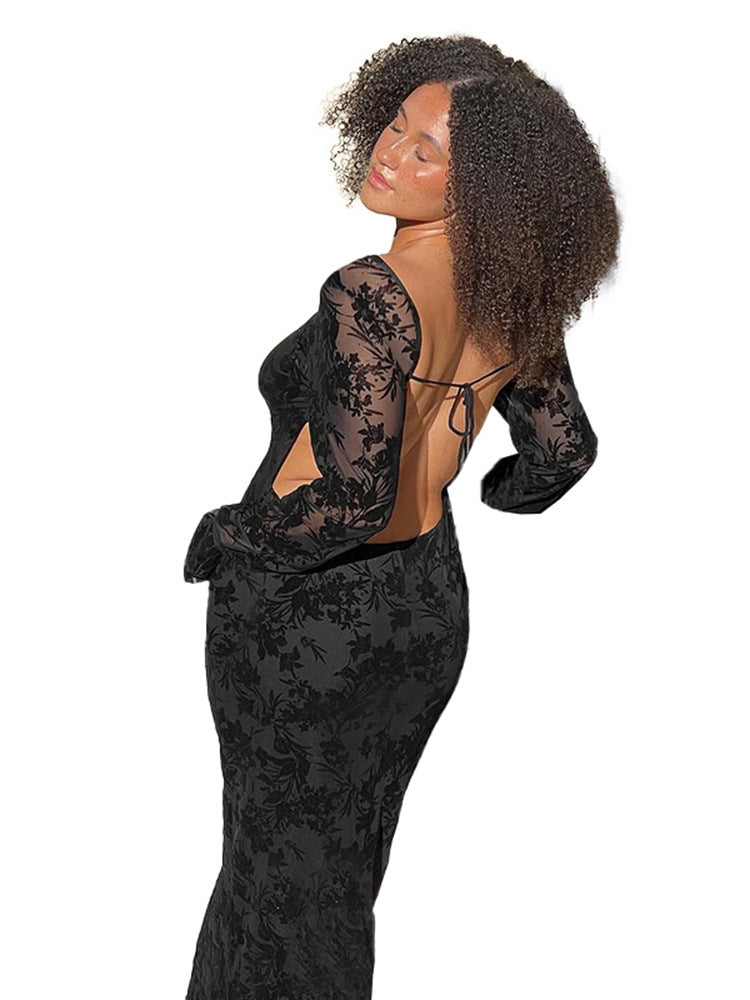 Damen Elegantes Langarmkleid mit floralen Mustern und figurbetonter Silhouette R&B