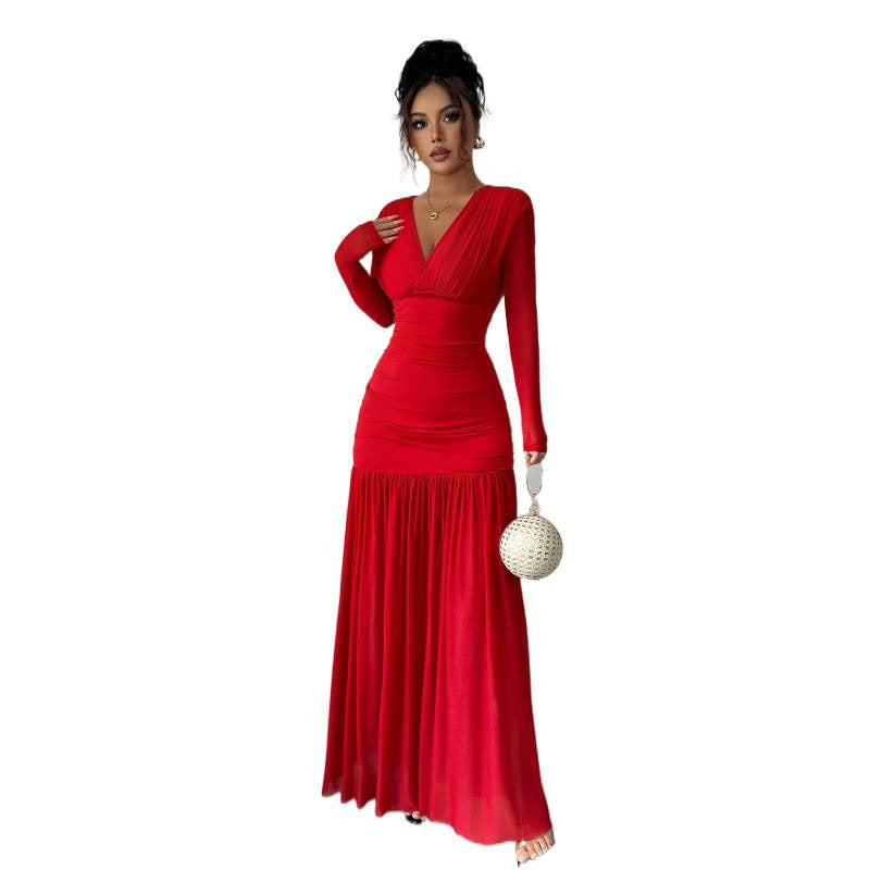 Damen Elegantes und figurbetontes Maxi-Kleid mit V-Ausschnitt und langen Ärmeln R&B