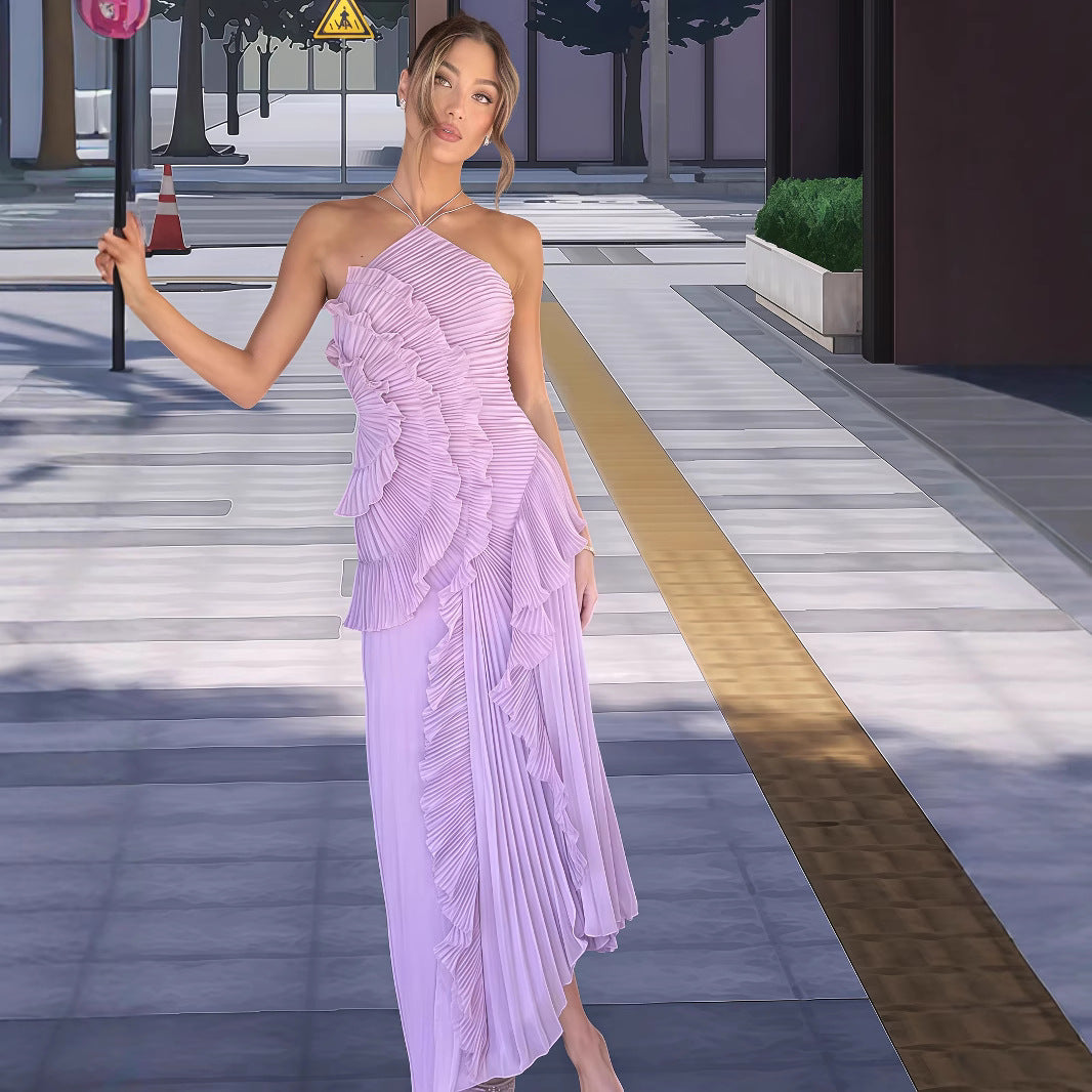 Damen Elegantes Wickelkleid mit plissierten Rüschen und asymmetrischem Saum R&B
