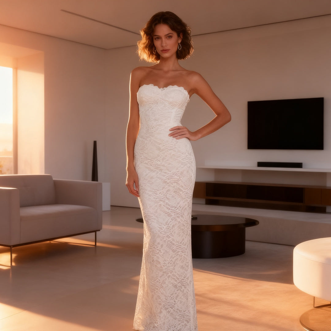 Damen Elegantes Spitzen-Maxikleid mit figurbetontem Design und süßem Rückenausschnitt R&B