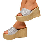 Damen Wedge-Pantoletten mit glitzerndem Leopardenmuster und komfortablem Fußbett