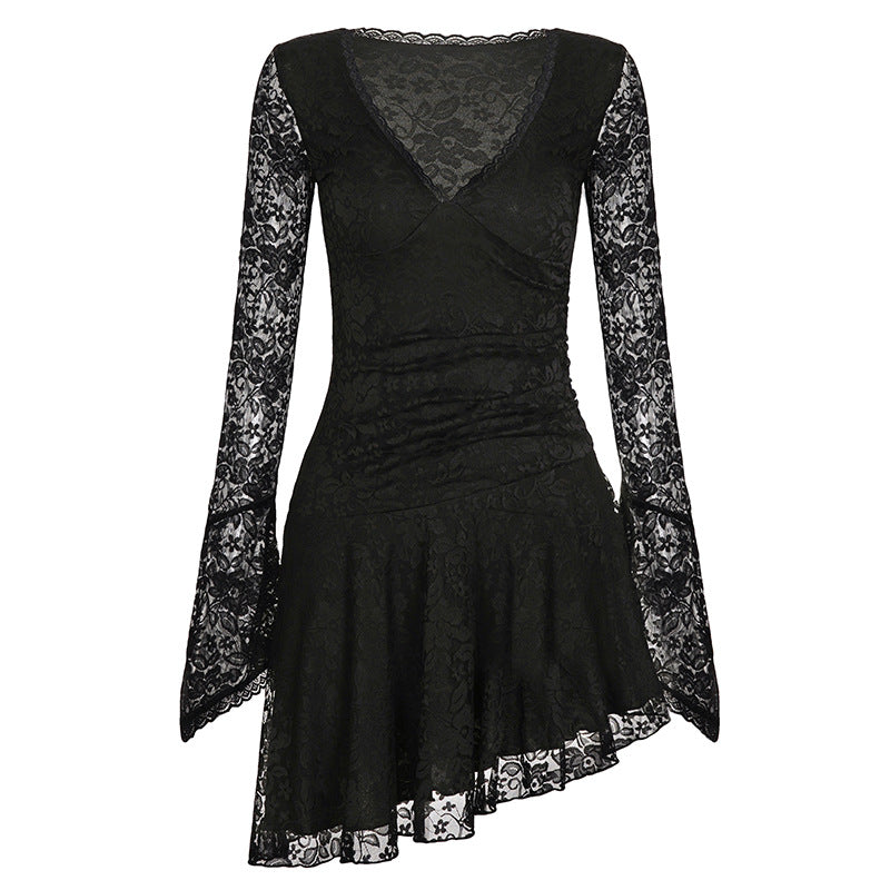 Damen Wickelkleid mit Spitzenärmel und voluminösem Rock R&B