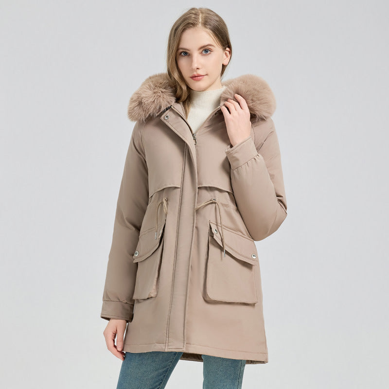 Damen Modische Pufferjacke mit abnehmbarem Kunstpelzkragen und funktionalen Taschen R&B