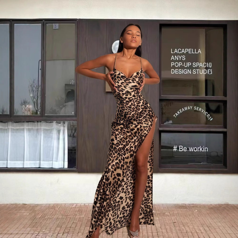 Damen Figurbetontes Animal-Print Maxikleid mit hohem Schlitz R&B