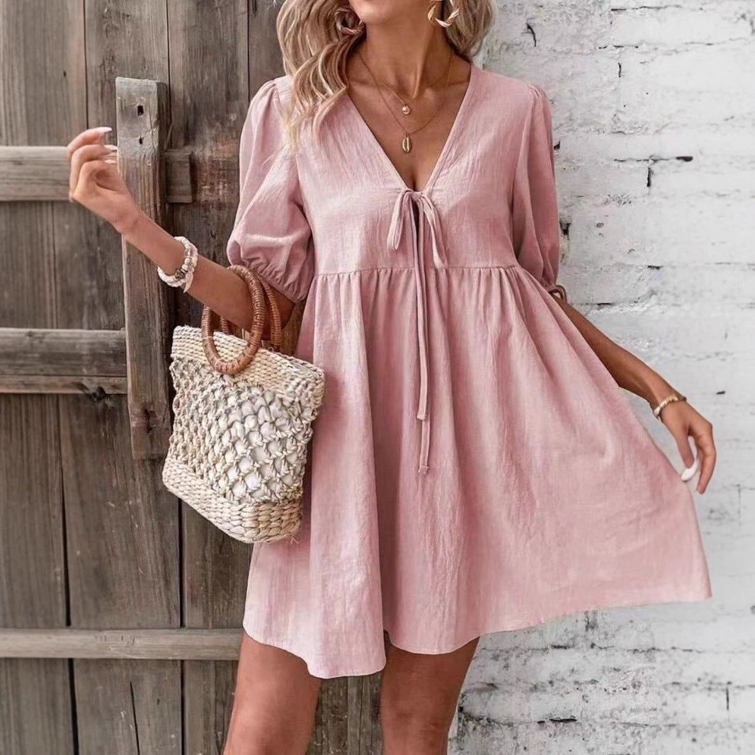 Damen luftiges Sommerkleid mit V-Ausschnitt und Raffungen R&B