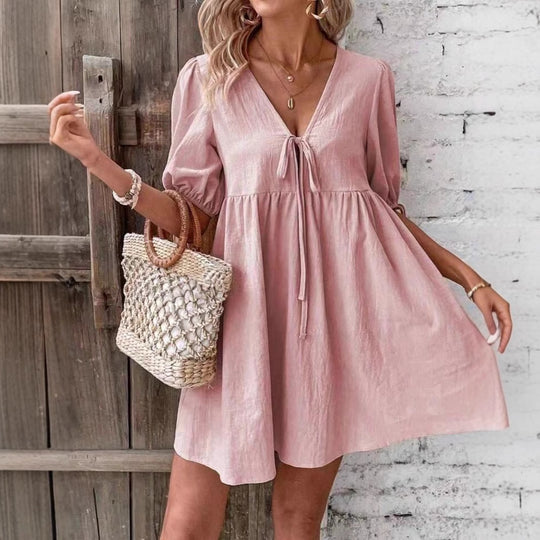 Damen luftiges Sommerkleid mit V-Ausschnitt und Raffungen R&B
