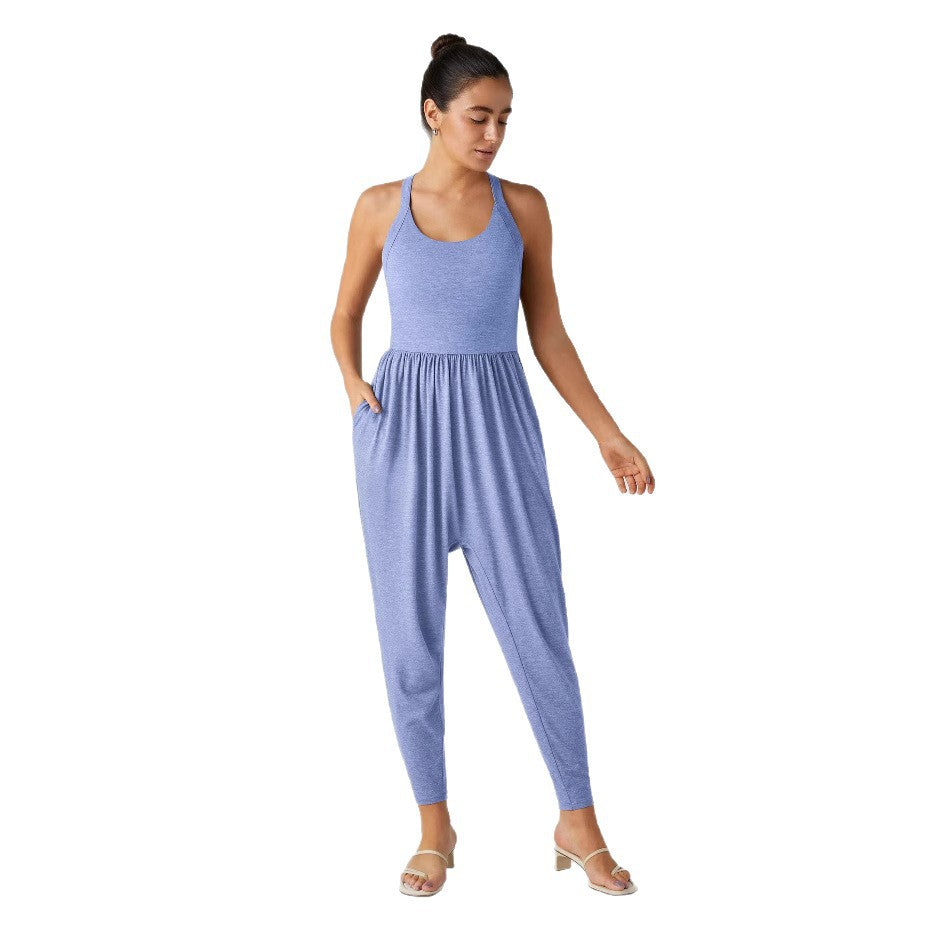 Damen nan lässiger Jersey-Overall mit Racerback, smockierter Taille und seitlichen Eingrifftaschen R&B