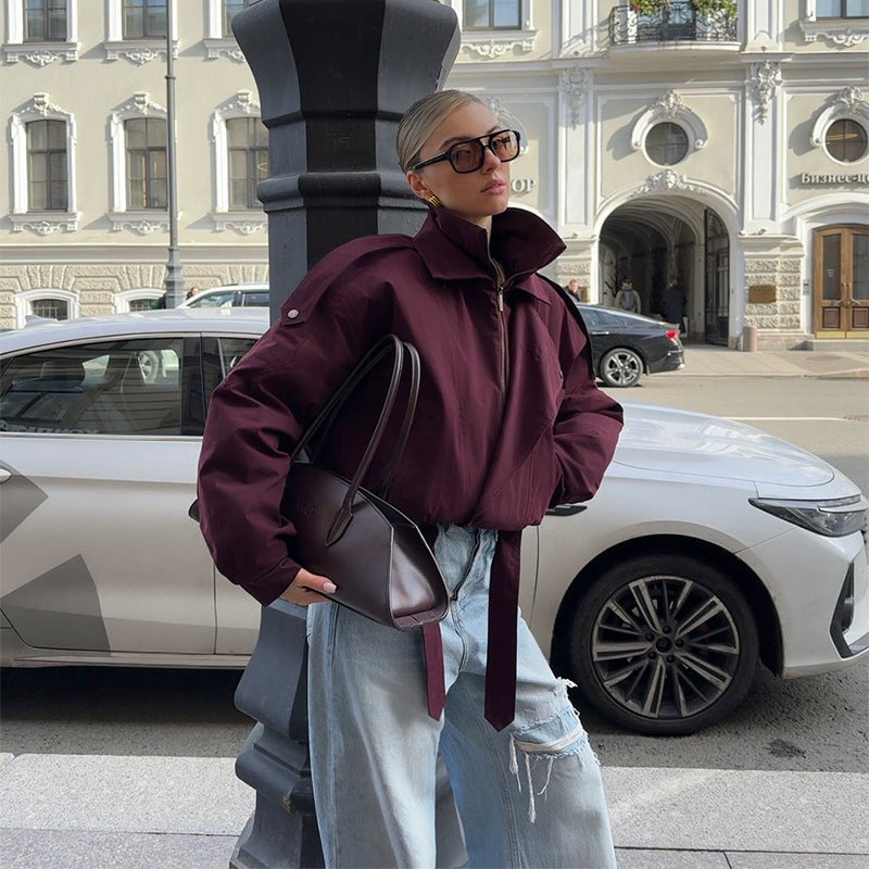 Damen Modische Übergangsjacke mit hohem Kragen und Taillengürtel