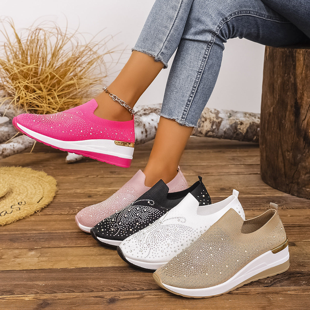 Damen Sneakers mit funkelnden Akzenten und elastischem Strickoberteil R&B