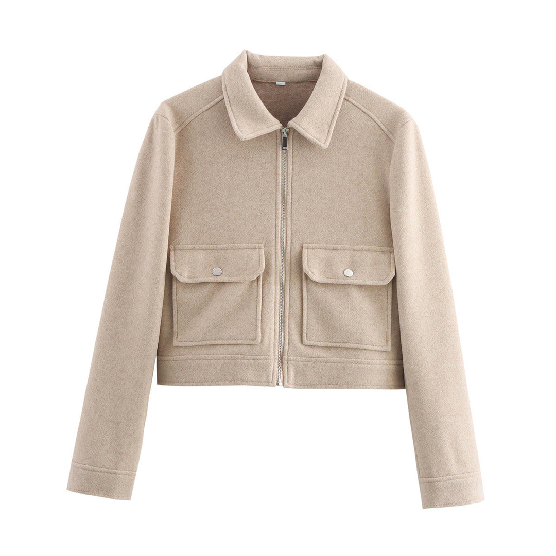 Damen kurze Fleecejacke mit stilvollen Brusttaschen und elegantem Kragen R&B