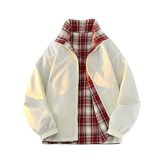 Damen lässige Windjacke mit kariertem Innenfutter und hohem Kragen R&B