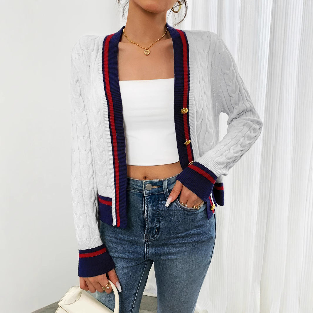Damen modische Strickjacke mit strukturiertem Zopfdesign und Kontrastbündchen R&B