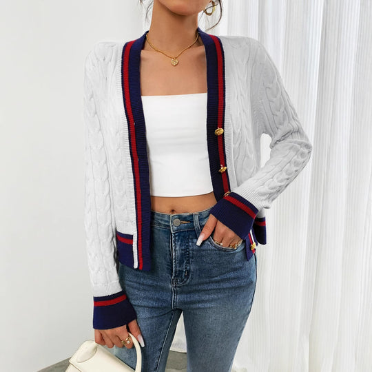 Damen modische Strickjacke mit strukturiertem Zopfdesign und Kontrastbündchen R&B