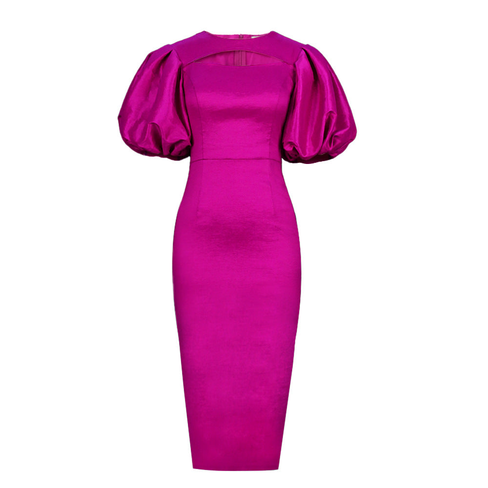 Damen figurbetontes Kleid mit Puffärmeln und Schlüssel-Ausschnitt R&B