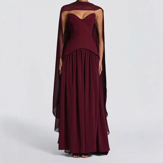 Damen Elegantes Maxikleid mit Abnehmbarem Cape R&B