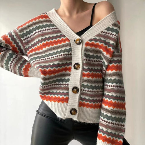 Damen lässiger Strickcardigan mit buntem Muster und Knopfleiste R&B