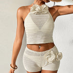 Damen Häkel-Crop-Top und Shorts-Set mit floralen Details R&B