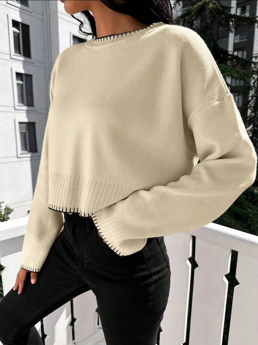 Damen lässiger Crop-Pullover mit strukturierten Säumen und Rundhalsausschnitt