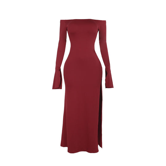 Damen figurbetontes schulterfreies Maxikleid mit elegantem Schlitz R&B