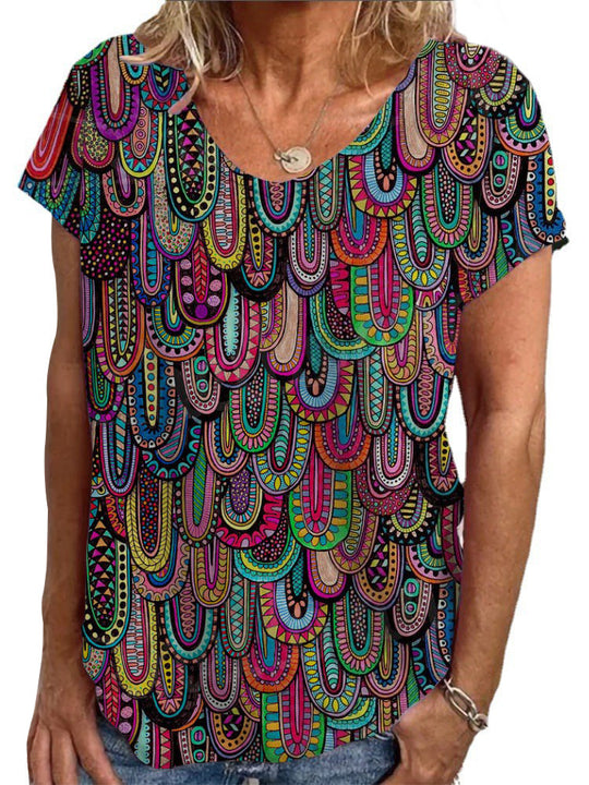 Damen Kreatives Kurzarmshirt mit verspieltem Muster R&B