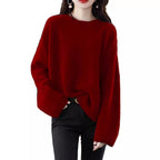 Damen weicher Strickpullover mit weitem Schnitt und legerem V-Ausschnitt R&B