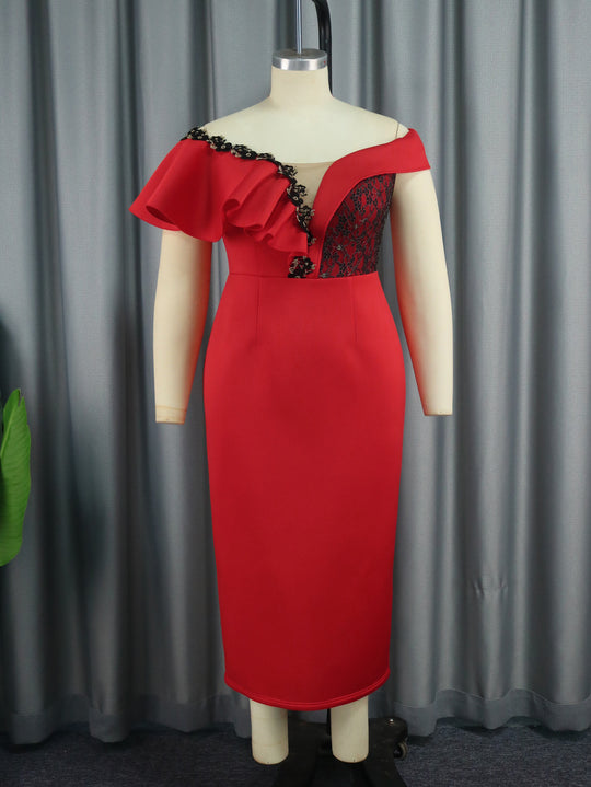 Damen elegantes Kleid mit asymmetrischem Schnitt und floralen Akzenten R&B